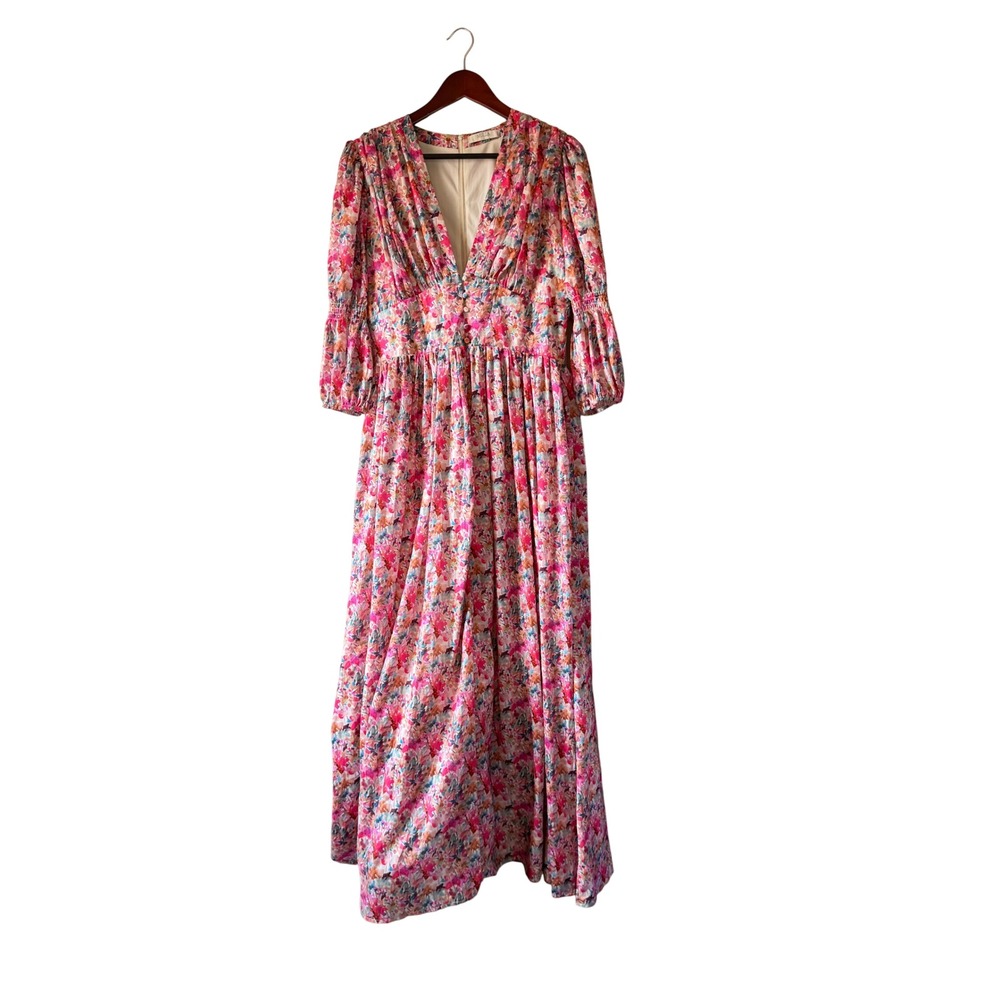 Mulla Women Large Pink Floral Watercolor Maxi Dress V-Neck Smocked Back Romantic